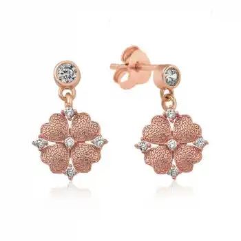 Gümüş Kalp Yapraklı Çiçek Küpe