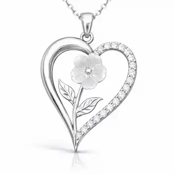 Gümüş Kalpli Beyaz Gül Kadın Kolye