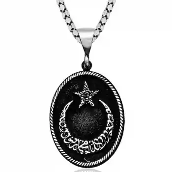 Gümüş Kelime-i Tevhid Yazılı Ay Yıldız Kolye