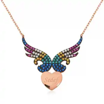 Gümüş Kişiye Özel İsimli Kanatlı Kalp Bayan Kolye