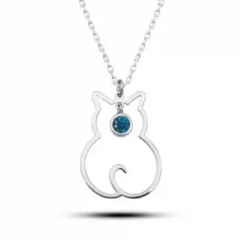 Gümüş Mart Ayı Doğum Taşı Kedi Kadın Kolye