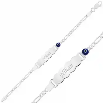 Gümüş Mavi Boncuklu Plaka Çocuk Bileklik