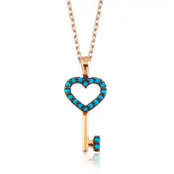 Gümüş Mavi Kalpli Anahtar Bayan Kolye