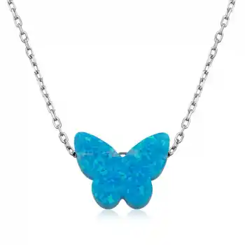 Gümüş Mavi Opal Taş Kelebek Bayan Kolye