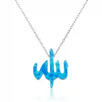 Gümüş Mavi Opal Taşlı Allah Yazılı Bayan Kolye