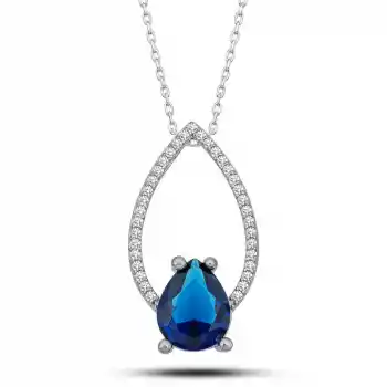 Gümüş Mavi Taşlı Damla Kadın Kolye