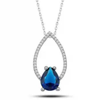 Gümüş Mavi Taşlı Damla Kadın Kolye