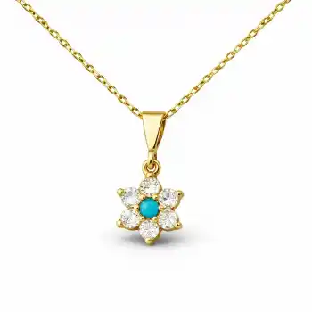 Gümüş Mavi Taşlı Gold Çiçek Kadın Kolye