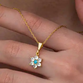 Gümüş Mavi Taşlı Gold Çiçek Kadın Kolye