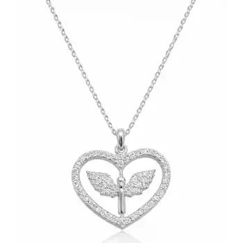 Gümüş Mikail Meleği Figürlü Kalp Kadın Kolye