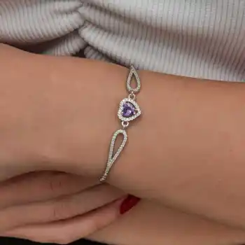 Gümüş Mor Zirkon Taşlı Kalp Bileklik