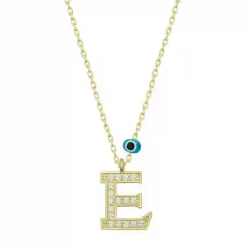 Gümüş Nazar Gold E Harfi Kadın Kolye