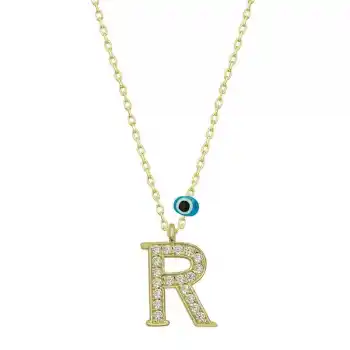 Gümüş Nazar Gold R Harfi Kadın Kolye