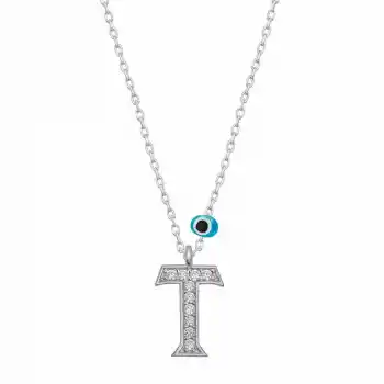 Gümüş Nazar Rodyum T Harfi Kadın Kolye