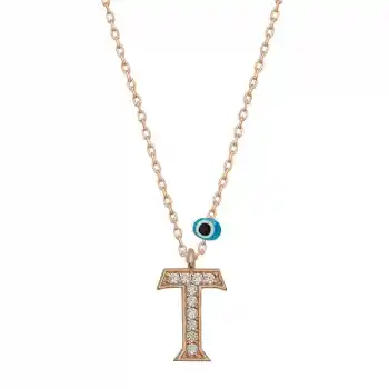 Gümüş Nazar Rose T Harfi Kadın Kolye