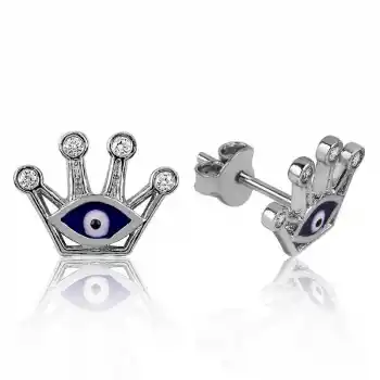 Gümüş Nazarlı Kraliçe Tacı Çivili Küpe