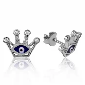 Gümüş Nazarlı Kraliçe Tacı Çivili Küpe