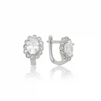 Gümüş Oval Taşlı Çiçek Küpe