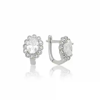 Gümüş Oval Taşlı Çiçek Küpe