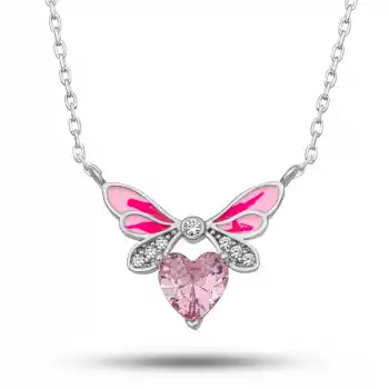 Gümüş Pembe Kalp Peri Kanatlı Kolye