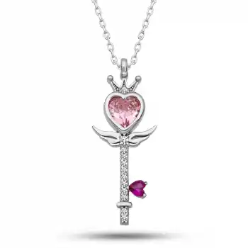 Gümüş Pembe Kalp Taç Anahtar Kadın Kolye