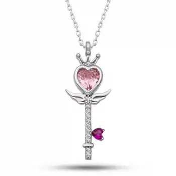 Gümüş Pembe Kalp Taç Anahtar Kadın Kolye