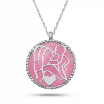 Gümüş Pembe Sedef Taşlı Anne Çocuk Sevgisi Kolye