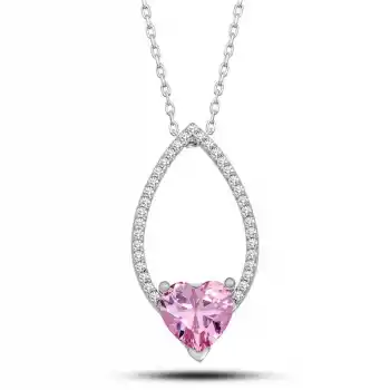 Gümüş Pembe Taşlı Kalp Kadın Kolye
