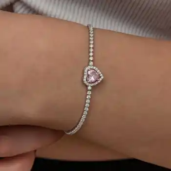 Gümüş Pembe Taşlı Kalpli Su Yolu Bileklik