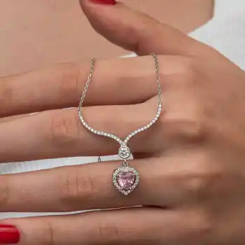 Gümüş Pembe Zirkon Taşlı Kalp Kadın Kolye