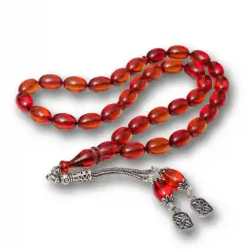 Gümüş Püsküllü Ateş Kehribar Tesbih