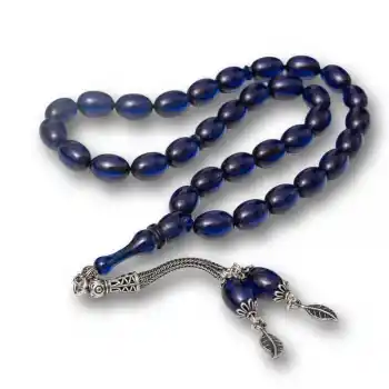 Gümüş Püsküllü Lacivert Sıkma Kehribar Tesbih