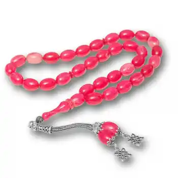 Gümüş Püsküllü Pembe Sıkma Kehribar Tesbih