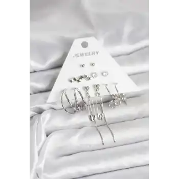 Gümüş Renk 6lı Pirinç Küpe Seti