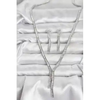 Gümüş Renk Baget Zirkon Taşlı Kadın Kolye Küpe Set
