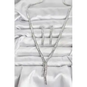 Gümüş Renk Baget Zirkon Taşlı Kadın Kolye Küpe Set