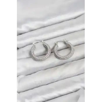 Gümüş Renk Full Zirkon Taşlı Halka Kadın Küpe