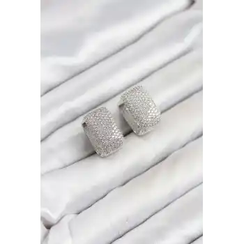 Gümüş Renk Full Zirkon Taşlı Kare Halka Kadın Küpe