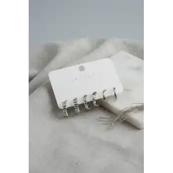 Gümüş Renk Halka Model 6lı Küpe Seti