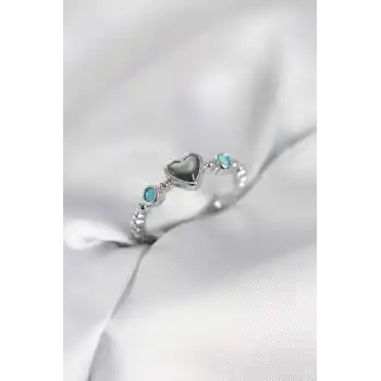 Gümüş Renk Hematit Taşlı Kadın Yüzük