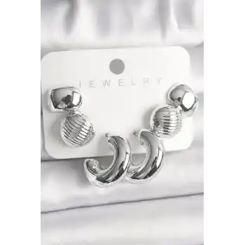 Gümüş Renk İşlemeli Daire Halka Model CCB Platik Kadın Küpe Seti