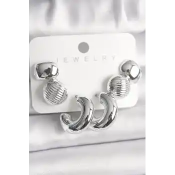 Gümüş Renk İşlemeli Daire Halka Model CCB Platik Kadın Küpe Seti