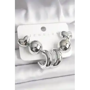 Gümüş Renk Kalp Halka Figür CCB Plastik Kadın Küpe Seti