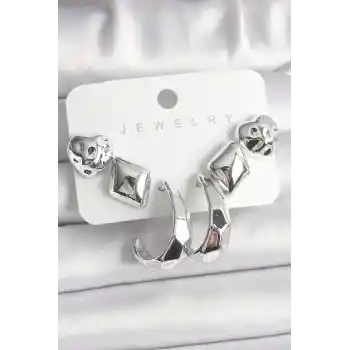 Gümüş Renk Kalp Halka Figür CCB Plastik Kadın Küpe Seti