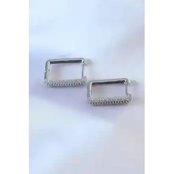Gümüş Renk Kare Model Zirkon Taşlı Pirinç Kadın Küpe