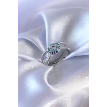 Gümüş Renk Nazar Boncuk Model Kadın Yüzük