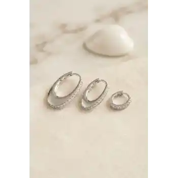 Gümüş Renk Oval Halka Model Zirkon Taşlı 3 lü Küpe Set