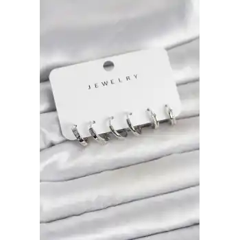 Gümüş Renk Pirinç 3 Çift Kadın Küpe Seti