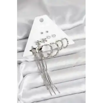 Gümüş Renk Pirinç 6 Çift Kadın Küpe Seti