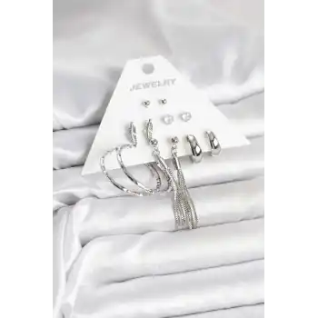 Gümüş Renk Pirinç 6 Çiftli Kadın Küpe Seti